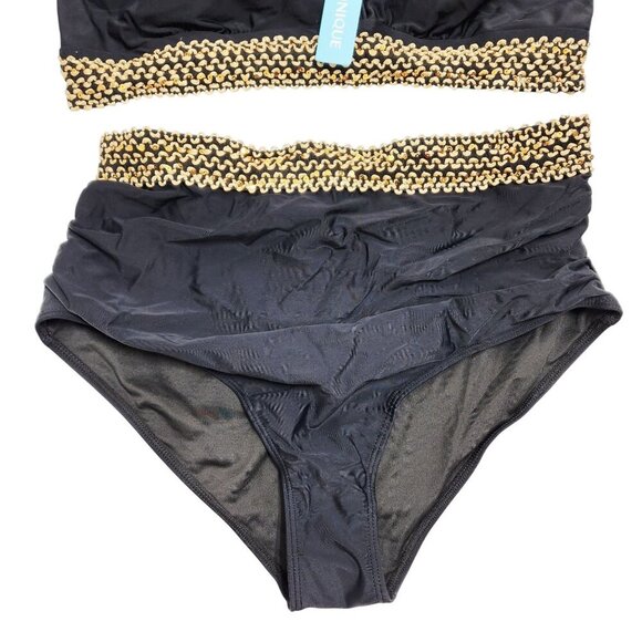 Black Gold High-Waisted Bikini Strappy Back Crochet Waist Detail SZ 16W Womens - Picture 6 of 6